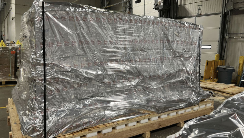 A semi-conductor wraped in vapor barrier that is awaiting the final process of crating 